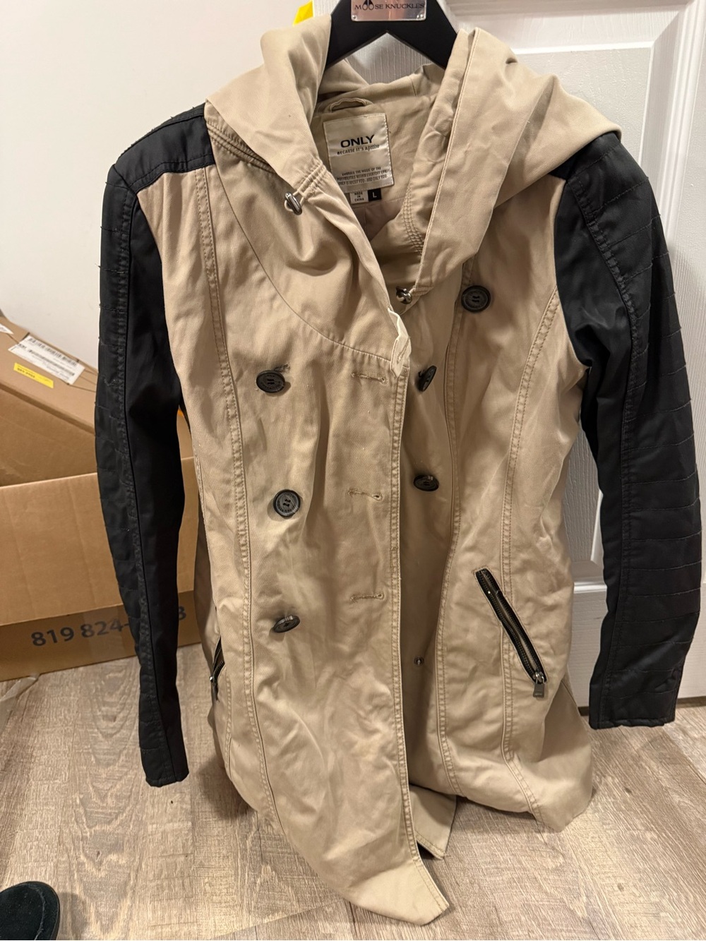 ONLY Two-Tone Hooded Trench Coat in Beige and Black